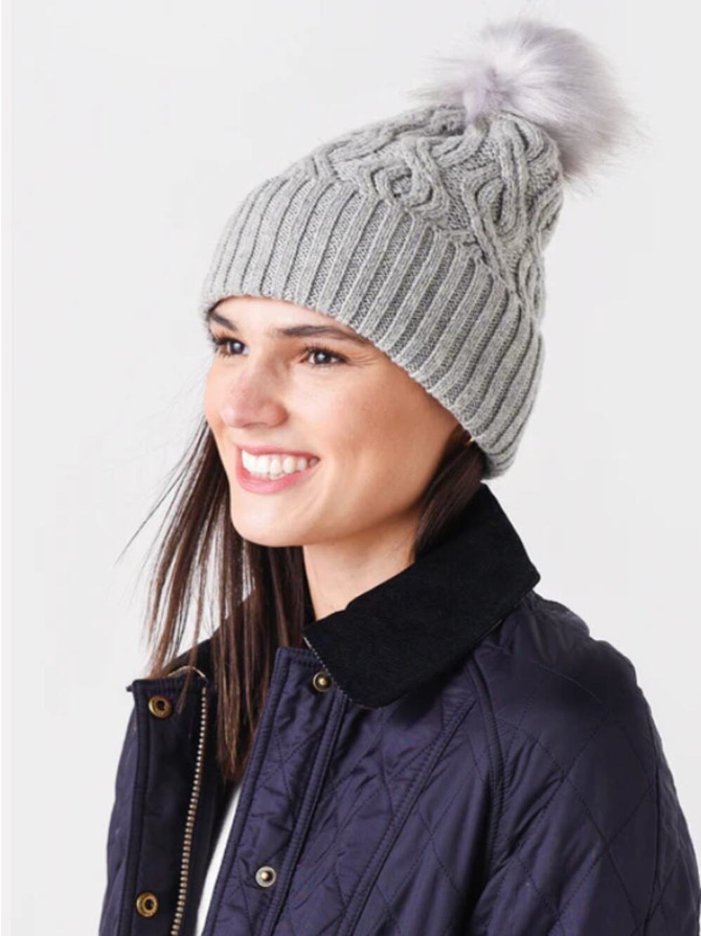 Echo Womens Beanie Pom Hat Silver Gray Cable Knit Fleece Lined Thermal Cuff NEW